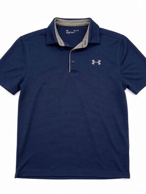 Under Armour Mens Navy Blue Performance Polo Shirt‎ Gray Accent Size Small Loose